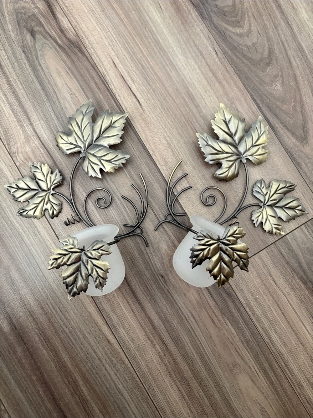 Vintage PartyLite Metal Grape Leaf Wall Candle Holders w/ Frosted Glass Set of 2